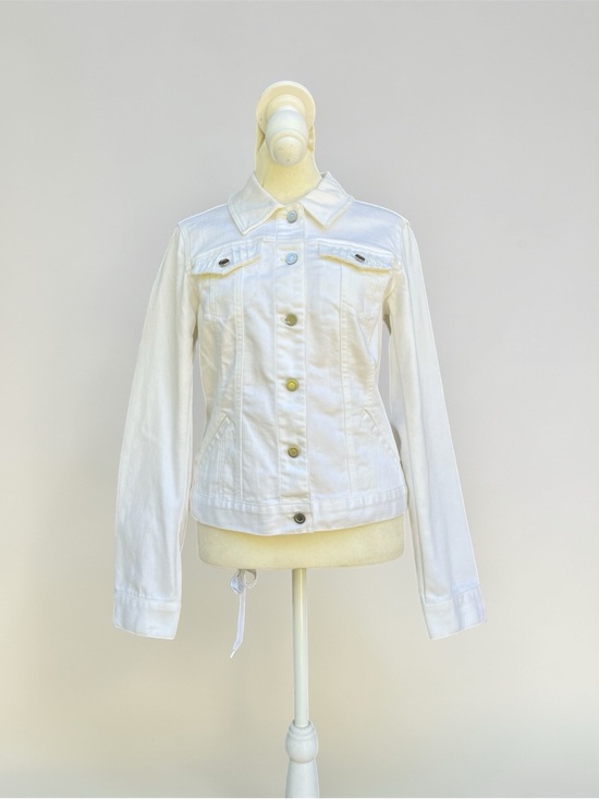 NWT WHBM Cropped Pleated Denim Trucker Jacket in White Size 4 - Picture 4 of 9